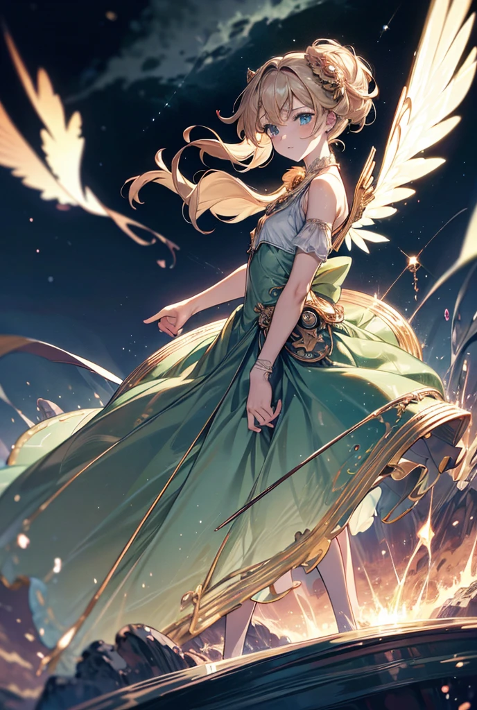 Surrealism, アニメ, glowing light, 8k, super detail, uhd, masterpiece, accurate, anatomically correct, textured skin, super detail, high details, high quality, award winning, best quality, highres, retina
Theme: Girl inspired by JupiterHair: Gold Personality: Appears strong yet has a gentle faceElement: LightningBackground: Freely flying among large clouds. Dressed in green.