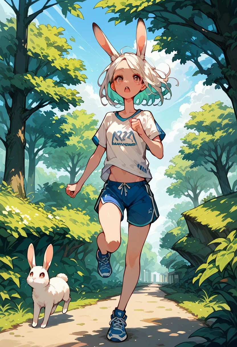 a large group of women, in running shorts, napping in the shade of tree, Rabbit girl