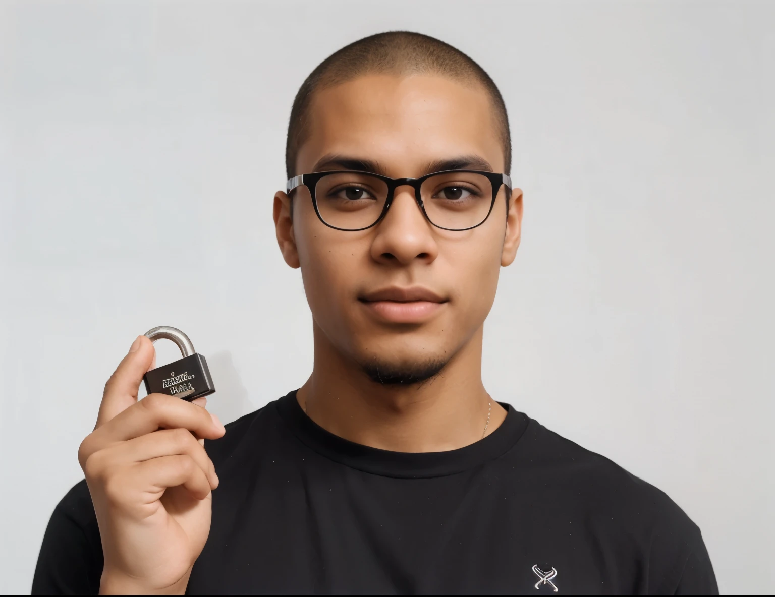 Create a young programmer, around 21 years old, with Brazilian, Latin, black skin color, shaved head, glasses, and black shirt. He is portrayed in a minimalist setting with a pure white background. The focus is on his expression of mild surprise and confidence as he holds a padlock in his hands, with the padlock in evidence.