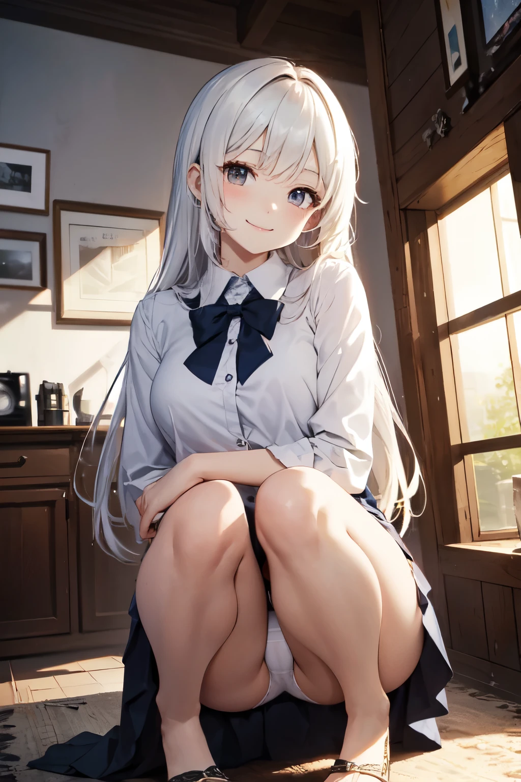 very cute and beautiful girl,(Very detailed美しい顔), (smile),blush,Black Hair,Seraphim,((White Hair、long hair)),(White Shirt、Pleated navy blue pread your legs、Squat)、Sitting、(From below)、(Lace panties), Country road, (Highest quality,masterpiece:1.0),Absurd,High resolution,Super detailed,Very detailed,32K,8k resolution, Intricate details,Movie Scenes,Detailed Background,alone,Dynamic Angle,