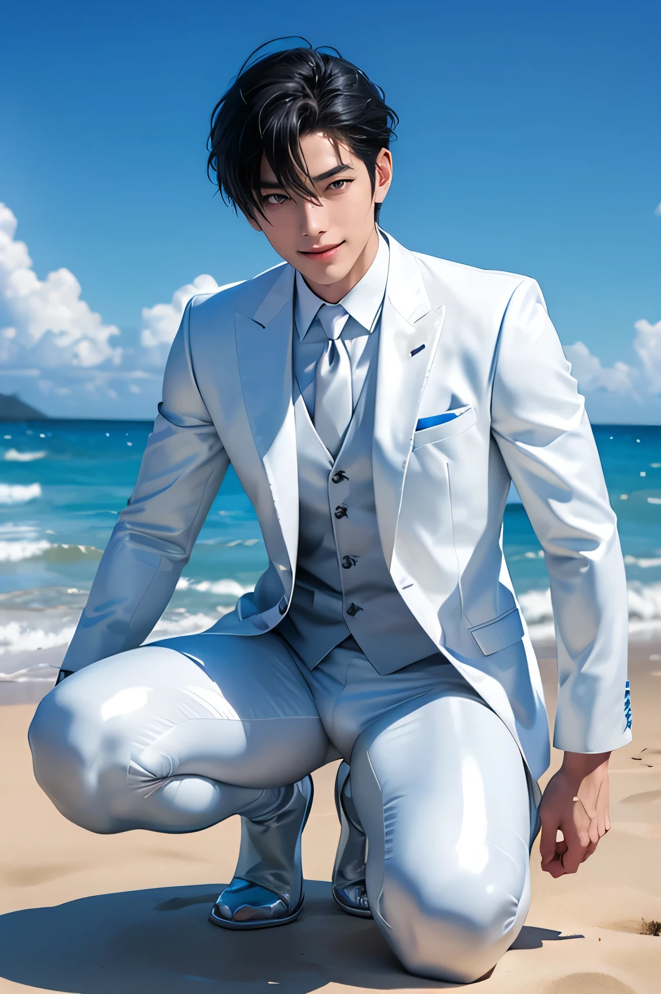 Handsome Japanese male models Black Hair Short cut Slim figure smile looking at the camera soaked Ocean Shiny white and silver suit A shiny silver latex suit that covers the skin Bulge クローズup Bright blue sky up Get down on one knee squat