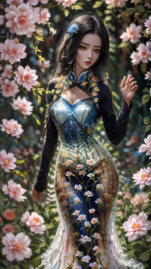 Anxious woman in blue and white dress taking photo, Beautiful and attractive anime woman, Beautiful fantasy queen, Inspired by Zhong Fenghua, Beautiful character painting,,She is dancing,author:Qiu Ying, Sensibility, directed by: Leng Mei, author:Yang Jie, Art Posters, Art bud. Anime Illustrations, Inspired by Chen Yifei, author:Chen Lin