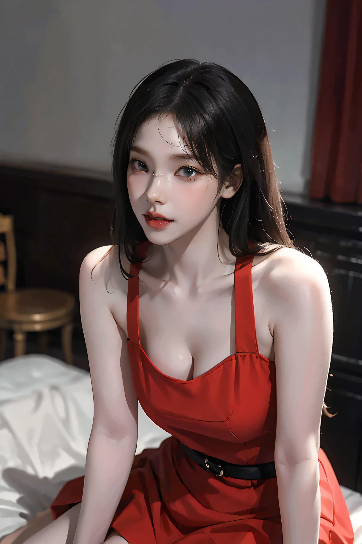 NSFW:0.9, girl, Black Hair, (1980s Style), ((Red sleeveless dress)), Big Breasts,Long Hair, (Browsing Caution:1.0),Tall Supermodels、Long-legged supermodel、supermodel,((Highest quality、Best image quality、Ultra-high resolution、Drawing with Ultra-high resolution、Very beautiful adult Nordic woman、Strong eye highlights))