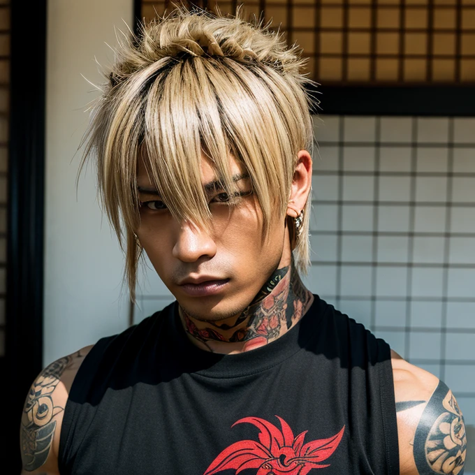 1 man, Japanese man, male, Asian eyes, muscular, broad shoulders, yakuza tattoos, hairstyle Visual Kei style, hair Visual Kei, black men's shirt and black pants, ultra detailed face, hyperrealistic, realistic representation, long hair, long hair, 30 years old, age 30 years, blond, blonde hair