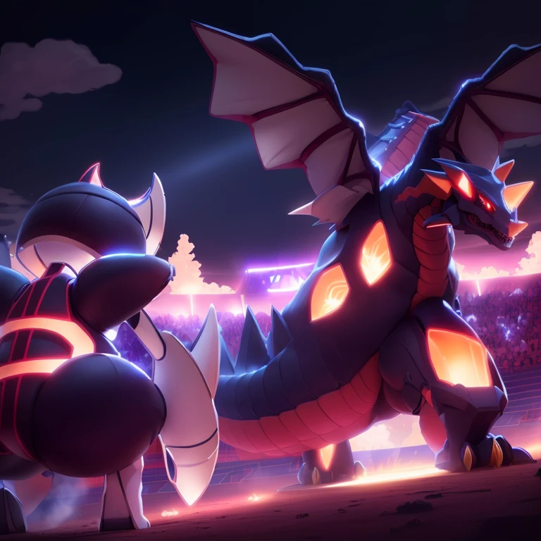 pokemon is standing next to a giant dragon in a stadium, giratina, colossal dragon in background, official art, new pokemon, pokemon sword and sheild, dialga the pokémon, intense battle, pokemon military drill, slifer the sky dragon, mega legendary, by Alexander Fedosav, huge battle, pokemon fighting at world war 2, pteranadon styling