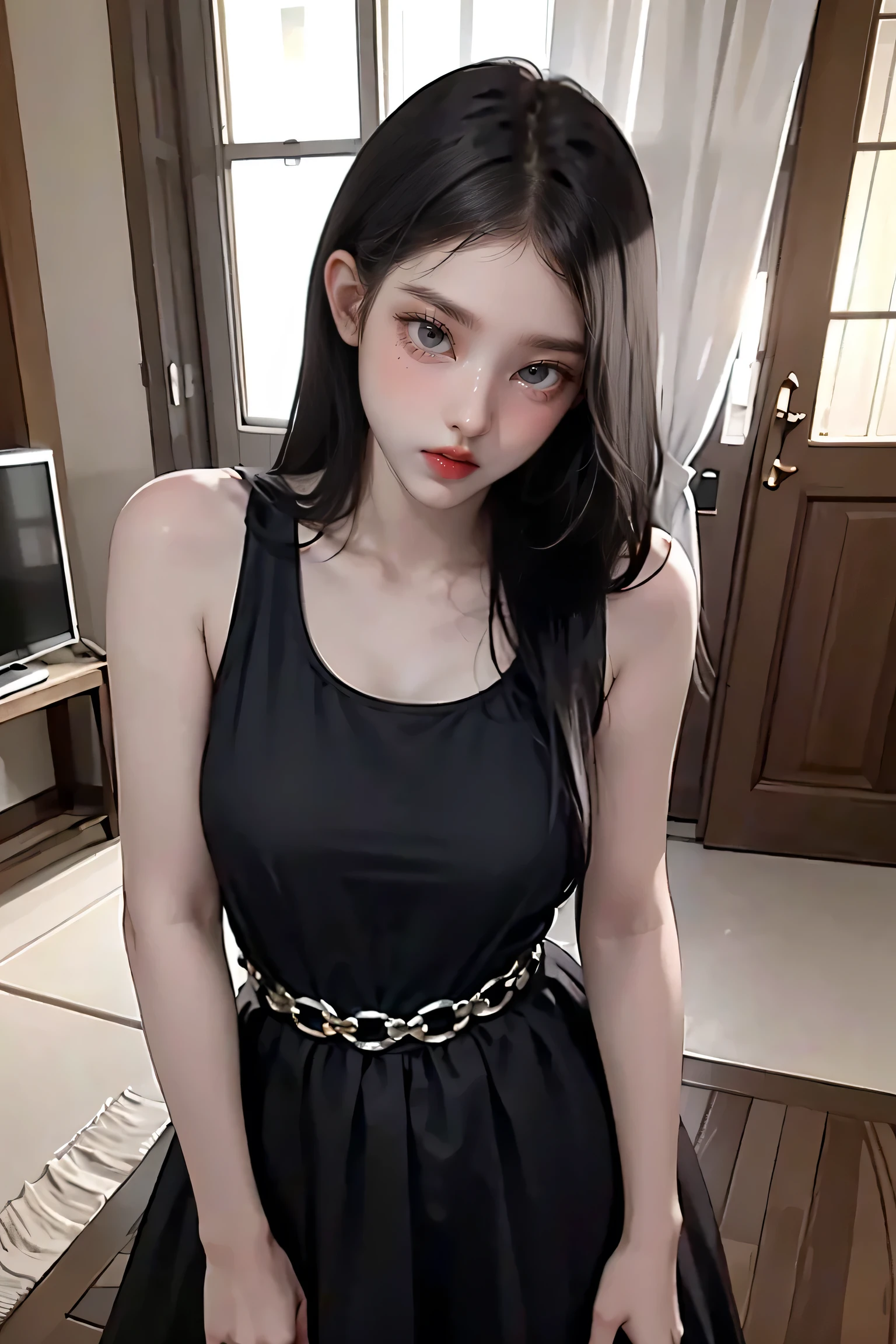 NSFW:0.9, girl, Black Hair, (1980s Style), ((Red sleeveless dress)), Big Breasts,Long Hair, (Browsing Caution:1.0),Tall Supermodels、Long-legged supermodel、supermodel,((Highest quality、Best image quality、Ultra-high resolution、Drawing with Ultra-high resolution、Very beautiful adult Nordic woman、Strong eye highlights))