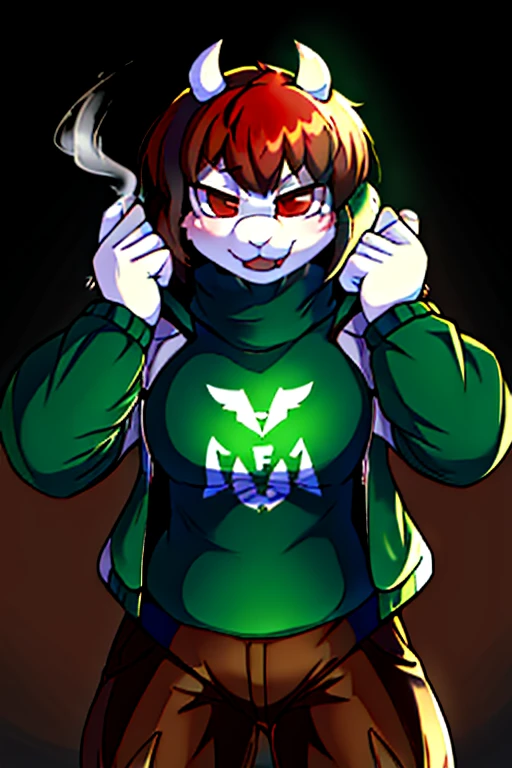 ((Best quality)), ((masterpiece)), (detailed), Undertale Fresh, Brown hair, (brown trousers: 1.3), Bob haircut, short hair, black tights, (green sweater, Jacket: 1.3), Red eyes, ( 
женщина anthro furry goat : 1.3), (One: 1.3), striped, Green striped sweater , ((absurdity, a high resolution, Ultra detailed, ,oversized hooded Jacket,whole body, )), Red hair, wear ((Jacket)) with a smoke pattern on it, In black pants, hands in bandages, ((MMA fighter)), anime style, ((Chara)) , huge pumped up muscular , (aesthetics of the female body, Full-length front view)
