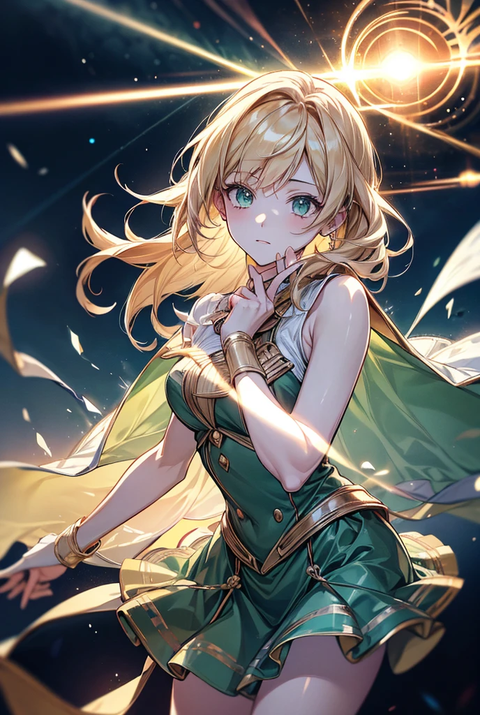 Surrealism, アニメ, glowing light, 8k, super detail, uhd, masterpiece, accurate, anatomically correct, textured skin, super detail, high details, high quality, award winning, best quality, highres, retina
Theme: Girl inspired by JupiterHair: Gold Personality: Appears strong yet has a gentle faceElement: LightningBackground: Freely flying among large clouds. Dressed in green.