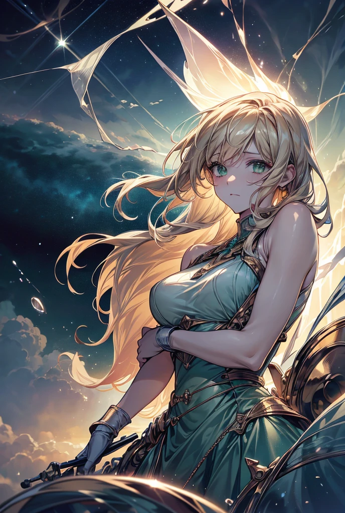 Surrealism, アニメ, glowing light, 8k, super detail, uhd, masterpiece, accurate, anatomically correct, textured skin, super detail, high details, high quality, award winning, best quality, highres, retina
Theme: Girl inspired by JupiterHair: Gold Personality: Appears strong yet has a gentle faceElement: LightningBackground: Freely flying among large clouds. Dressed in green.