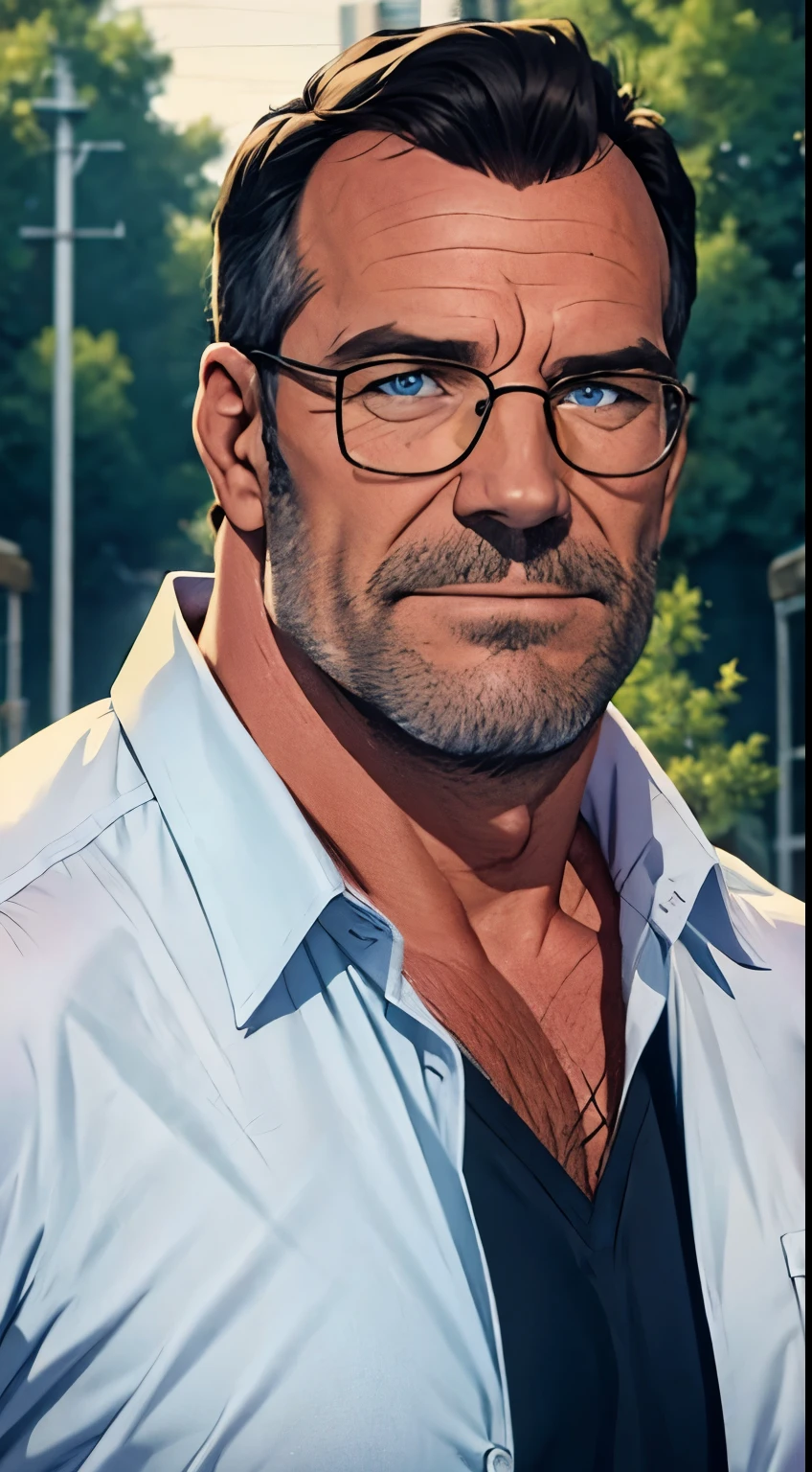 1 man, solo, older wrestling coach, muscular male, daddy, macho, large pectorals, male focus, middle-aged man, glasses, black hair, short hair, a strand of hair on forehead, blue eyes, smiling, face focus, white formal shirt, upper body shot, skycrapers, ((masterpiece))