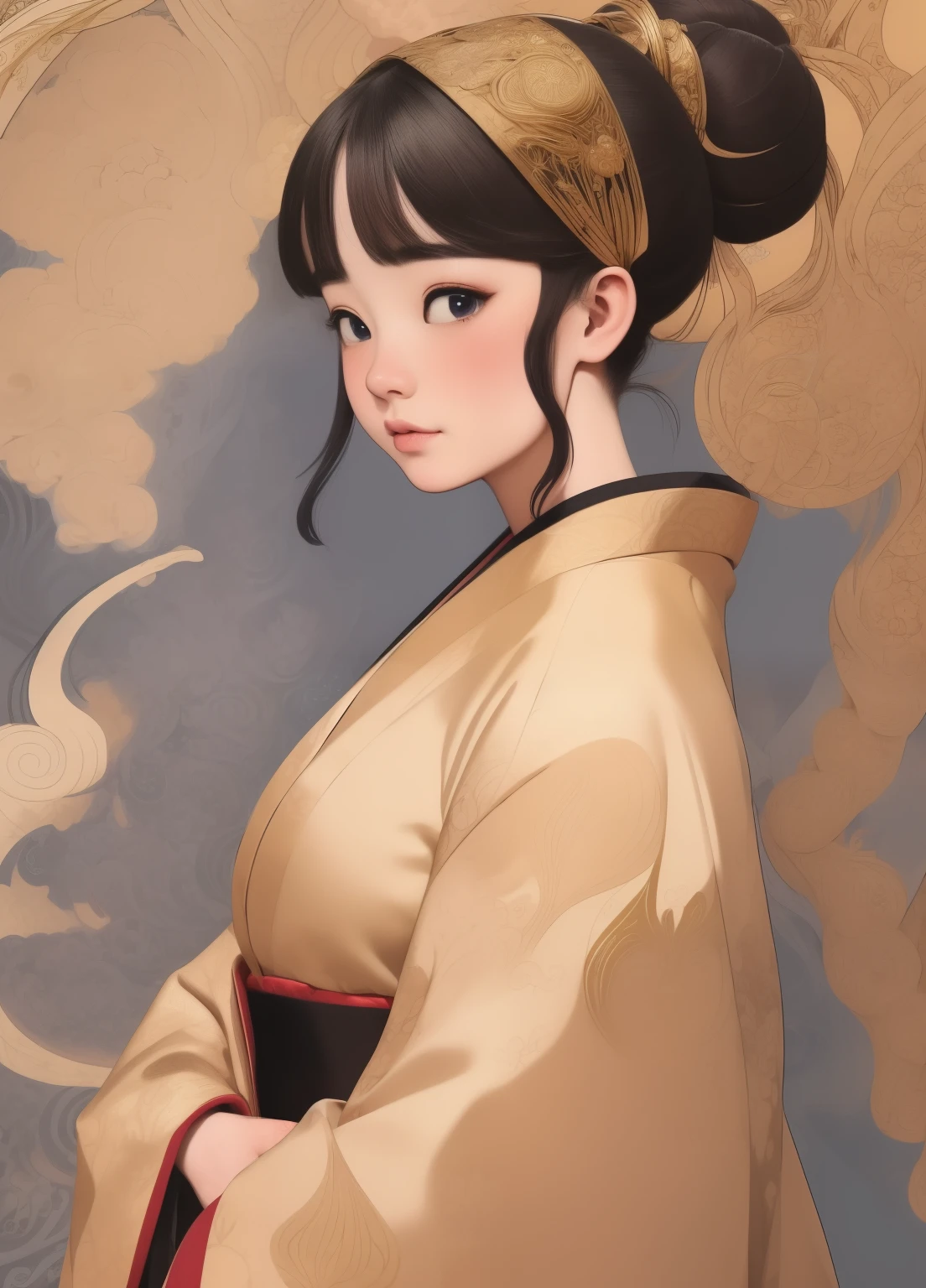 (masterpiece、最high quality、最high quality、Official Art、Beautiful and beautiful:1.2)、(One girl:1.3)Hatsune Miku、Twin tails,Beautiful breasts, Katsushika Hokusai, ((Very detailed illustration)), (Tabletop, 8k), (最high quality, high quality), Perfect Anatomy, Very detailed, Very detailed, Perfect design, First time in 5 years))), Mature Face, Head portrait, Short black hair, Face Focus, adult, suit, Jacket, White shirt, tie, pants, 最high quality, Detail of lack of face)), ((one back bun hair)), ((Blunt bangs)), ((Golden Eyes:1.2)), Big eyes, ((Japan Golden Kimono)), ((Black Hakama)), ((head band)), Hair between the eyes, Buddhist painting, (Beautiful Eyes: 1.1), Absurd, Very detailed, High resolution, Detailed Background, (Art Nouveau: 1.2), Flowing lines, Organic Shapes, Complex patterns, Decorative Design, Graceful shape, Nature inspiration, Zentangle Pattern, Structured Design, Repeating shapes, Contemplative drawing, Creative Expression, Intricate details