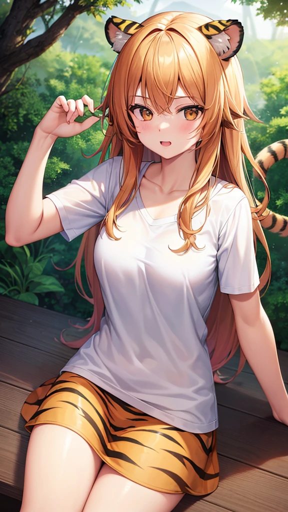 Highest quality, High resolution, 8k images,Highest quality,High resolution,girl,((Tiger Ears)),fine,positive,cute,shirt,in the forest,