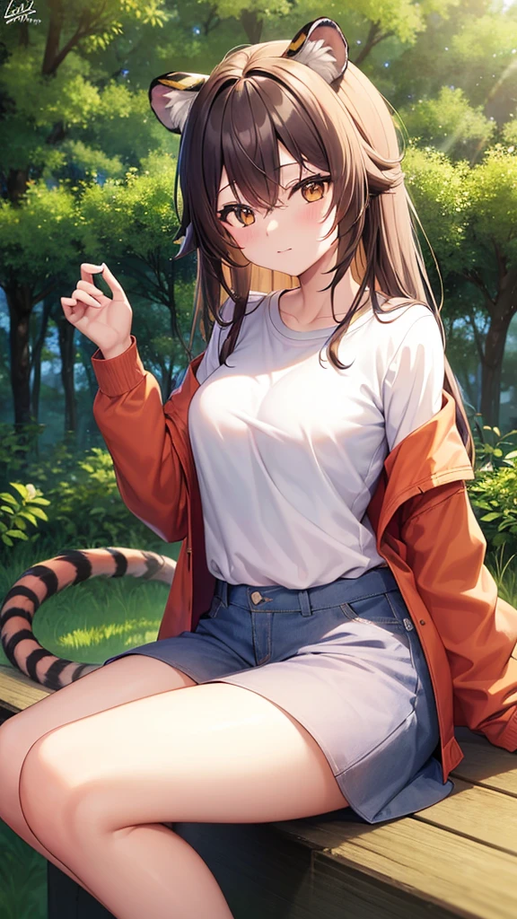 Highest quality, High resolution, 8k images,Highest quality,High resolution,girl,((Tiger Ears)),fine,positive,cute,shirt,in the forest,