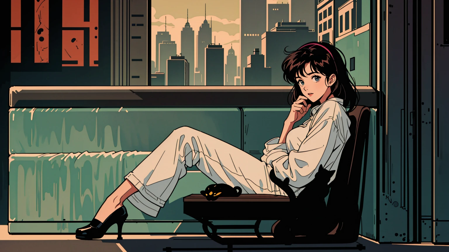 1girl, extremely detailed eyes and face, beautiful detailed lips, long dark hair, bright brown eyes, 90s style, 2010s hairstyle, cityscape, citylight, headphones, full body, relaxed coffee, table, snacks, looking at viewer, black cat