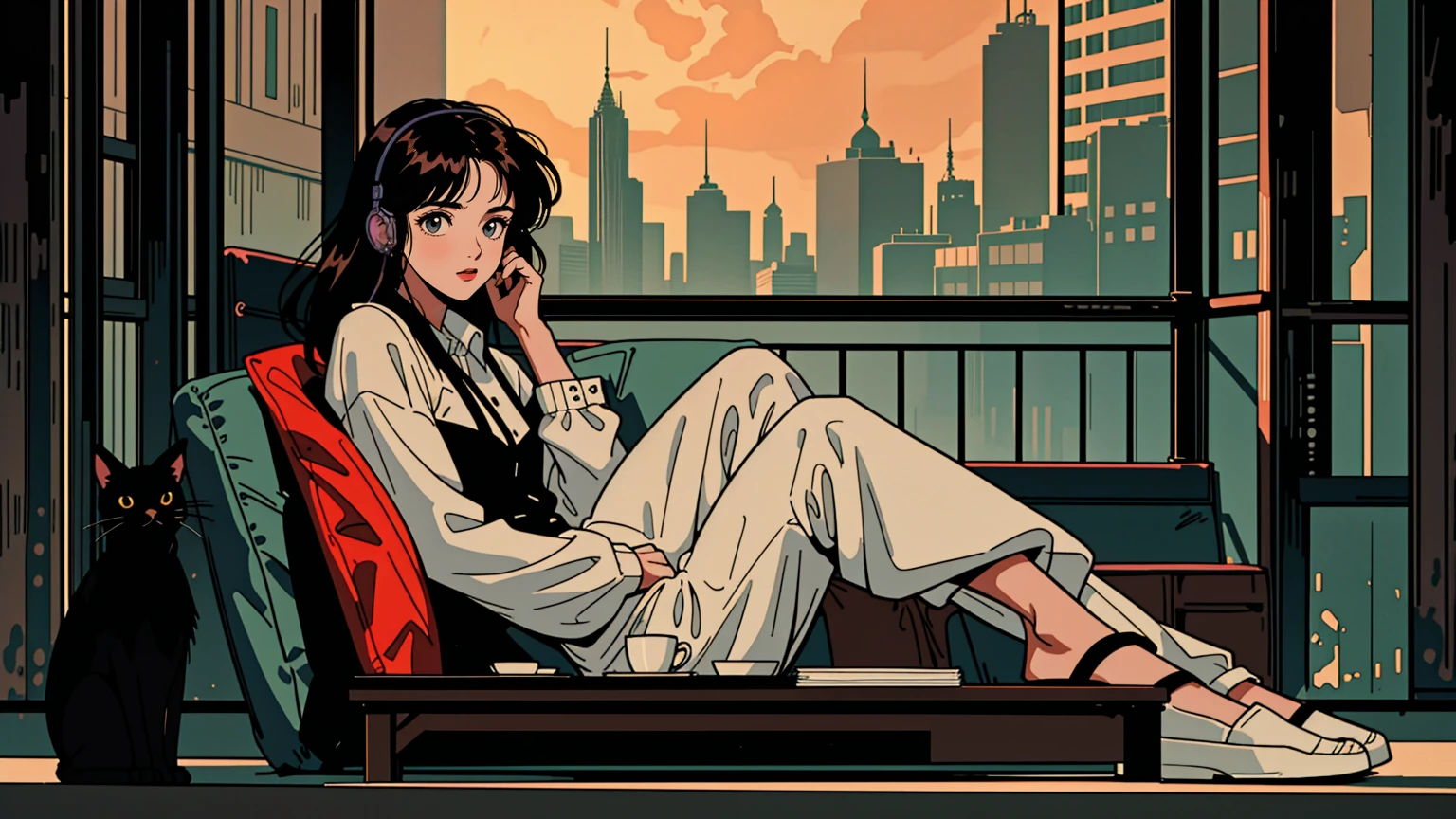 1girl, extremely detailed eyes and face, beautiful detailed lips, long dark hair, bright brown eyes, 90s style, 2010s hairstyle, cityscape, citylight, headphones, full body, relaxed coffee, table, snacks, looking at viewer, black cat