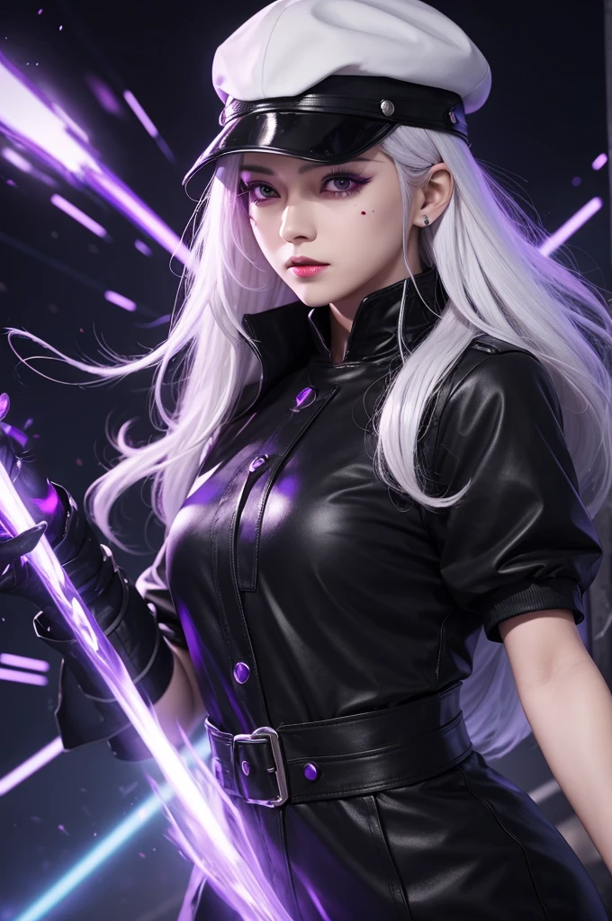 Female character with white hair with a black cap with purple lights coming out of her eyes Black mask red blouse Written free fire  
