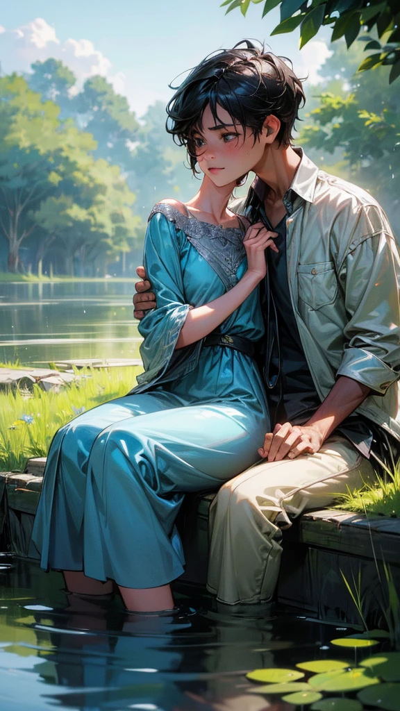 1girl,1boy,young couple,sitting by a small pond,surrounded by lush greenery,wildflowers,bright blue sky,fluffy white clouds,flock of birds flying,raindrops falling gently,intimate and connected gazes,short dark hair male,holding hands,serene outdoor scene,vibrant and detailed anime-style illustration,romantic atmosphere,(best quality,4k,8k,highres,masterpiece:1.2),ultra-detailed,(realistic,photorealistic,photo-realistic:1.37),vivid colors,soft lighting,studio lighting