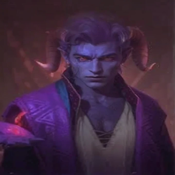 a man with horns and a purple jacket holding a red sign, tiefling, blue tiefling, djinn male man demon, cosmic tiefling d&d, male djinn man demon hybrid, seductive tiefling druid, attractive tiefling druid, Human Djinn Hybrid, evil sorcerer, tiefling sorceress, dnd retrato de um tiefling white hair