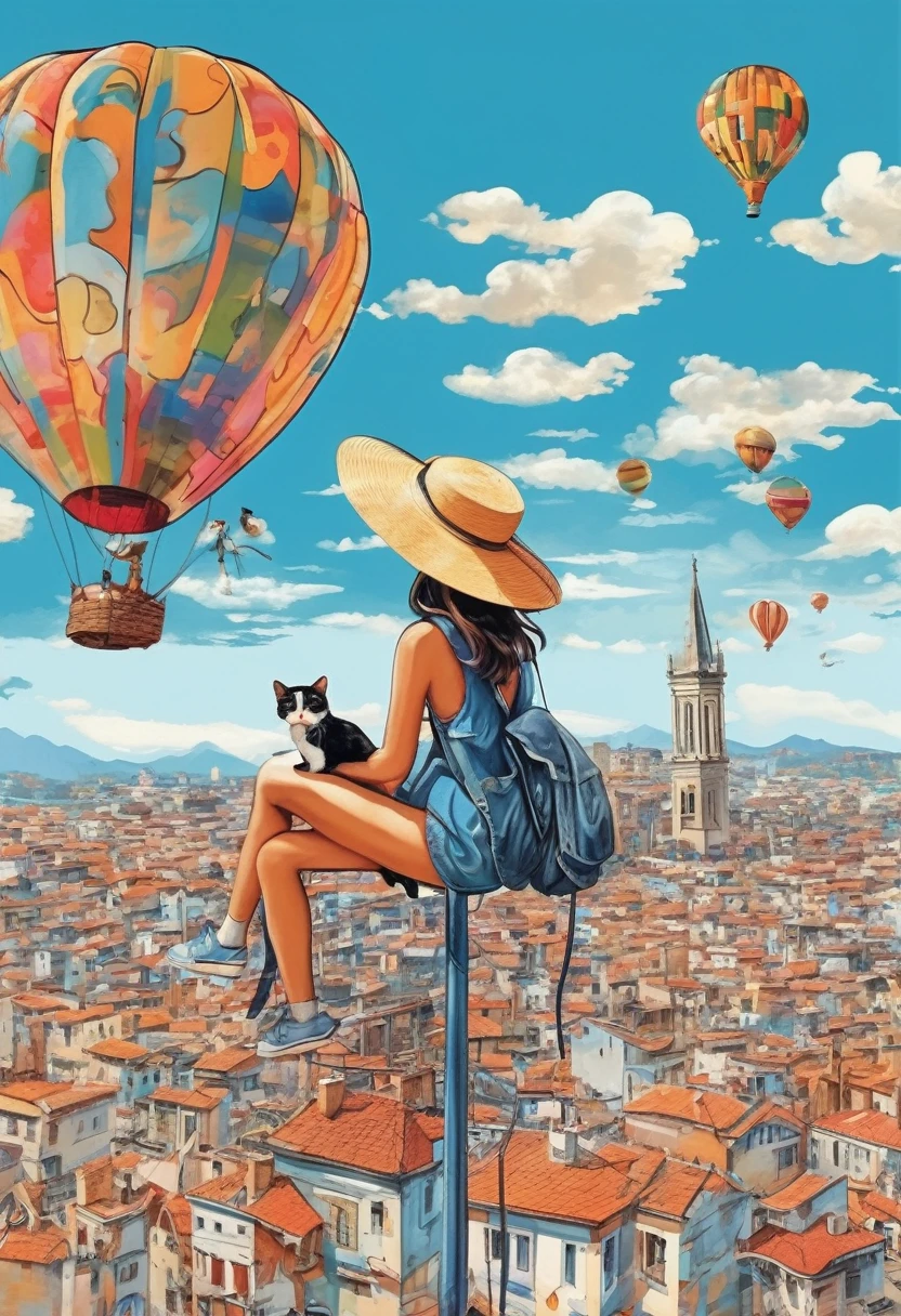 Unbelievable illustrations、Girl and cat sitting on a big balloon、Correct Anatomy、Girl in a straw hat、Smile、beautiful girl、profile、Flying high in the blue sky、Below you can see a small picture of the city.、Fancy、Pop Art、masterpiece、High definition、far and near method、warm color