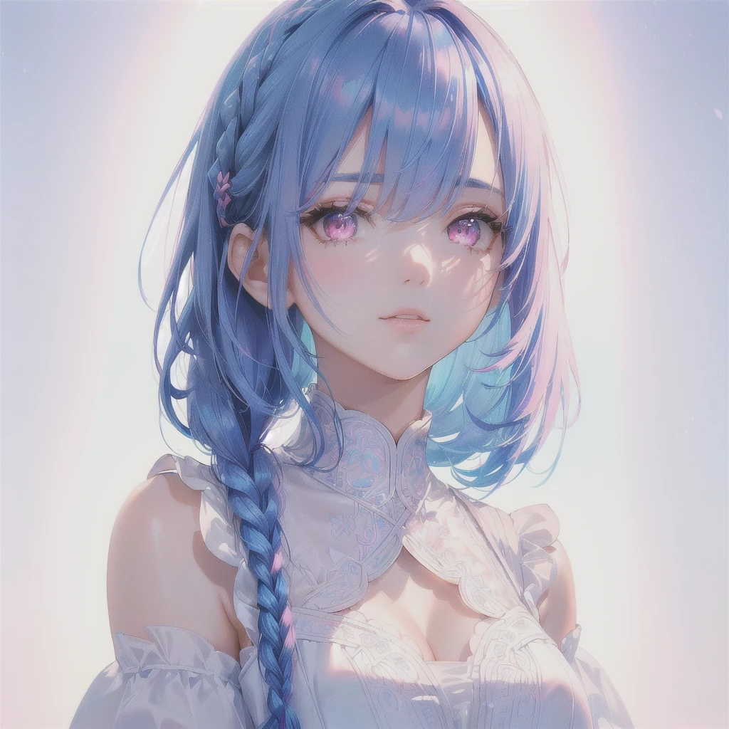 Sky Blue Medium Hair, (Braided Hair),(Pink Eyes),Fair skin ,(whole body),(1 girl)、Straight bangs,(masterpiece, Highest quality, Very detailed, Best Shadow), (Detailed Background), (Beautifully detailed face), High Contrast, (Best lighting, Very delicate and beautiful), ((Cinematic Light)), colorful, Hyper Detail, Dramatic Light, Intricate details,