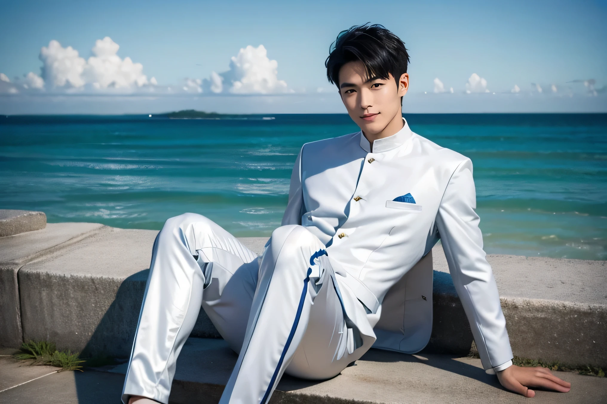 Handsome Japanese male models 　Black Hair　　Short cut　Skinhead　　　Slim figure　　　smile　looking at the camera　　　　soaked　Ocean　Shiny white and silver suit　　　A shiny silver latex suit that covers the skin　Bulge　　クローズup　 Bright blue sky　　up　squat　sitting cross-legged