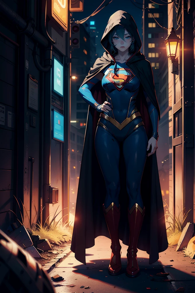 a digital painting of the long-haired supergirl, cyberpunk art by Josan Gonzalez, winner of the behance contest, afrofuturism, synthwave, neon, shiny neon, thick thighs, thin waist, sensual, nsfw, little clothing, erotic art, anime, battle traces on clothing and blood on skin