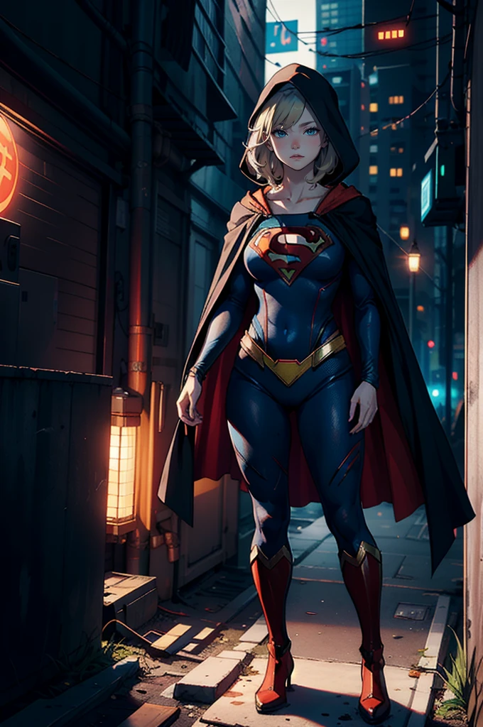 Supergirl in the dark, dirty black costume, long black cloak, spooky smile, cyberpunk, standing statue, full body,