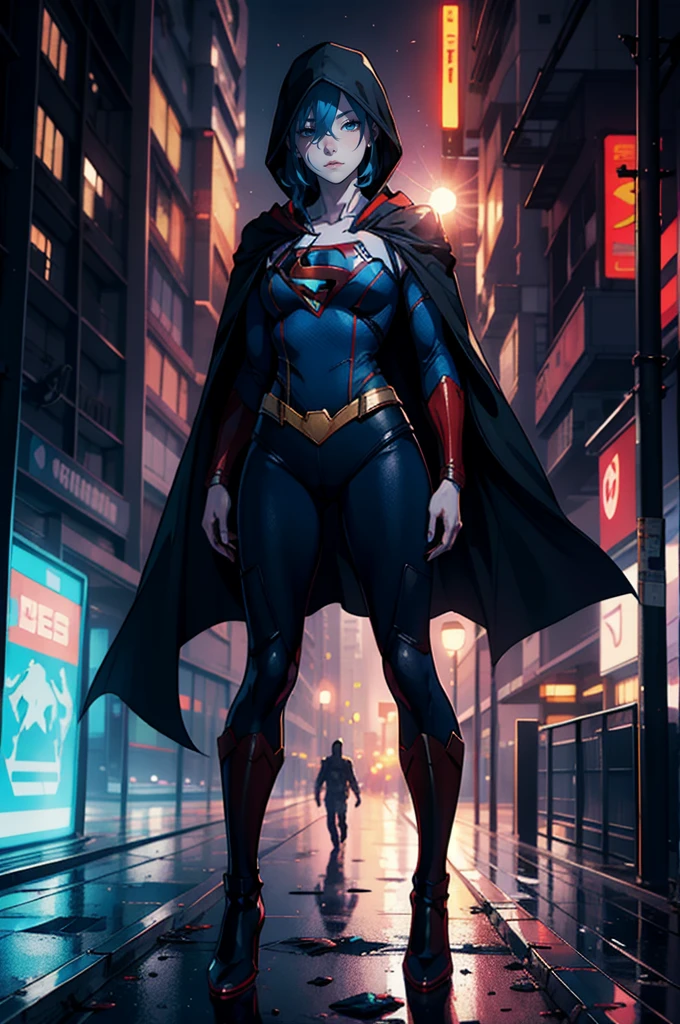 Supergirl in the dark, dirty black costume, long black cloak, spooky smile, cyberpunk, standing statue, full body,