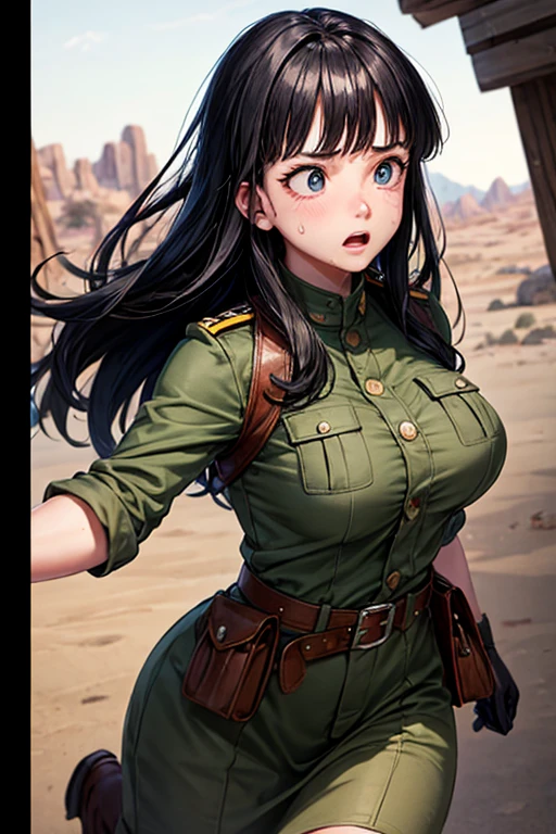 masterpiece, Highest quality,  Unreal Engine,  Super Resolution,  Very detailed, 

Beautiful woman, May, alone, uniform, Black Hair, boots, gloves, army, army uniform, Long Hair, iris, belt, coat, Black background, Simple Background, whole body, blunt bangs, bangs, Long Black Hair, Vivid expression, Healthy Body, Beautifully detailed sweat glands, Smooth skin texture, Carefully drawn,

(humidity:1.2), Beautiful Eyes, (Attractive face:1.2), (Beautiful Skin), (Big Breasts), Puffy nipples, (Sticky with sweat), In a dynamic pose,

In the world of Dragon Ball, Outdoor, In the desert wilderness