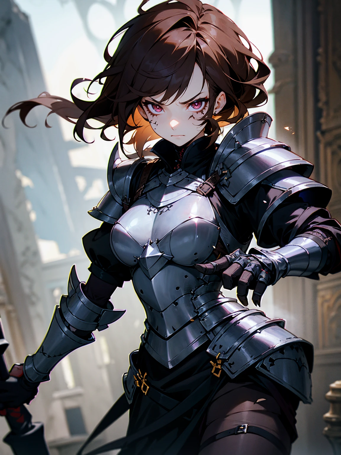 1female, brown hair, messy hair, stitches on arm, stitches on face, black sclera, black gauntlets, armor, evil expression, armored hall