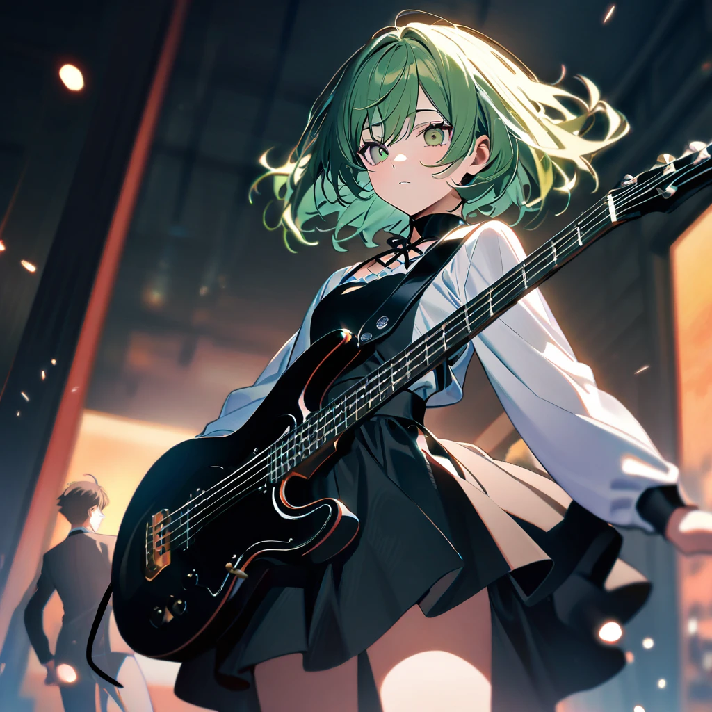(((masterpiece,Highest quality))),(((A boy anime character with green hair and black eyes wearing a enamel visual kei outfit))),(((He is standing there glaring at me with his bass guitar in hand.))),(((Black Background))),alone,Focus on the whole body,(high quality),アニメ