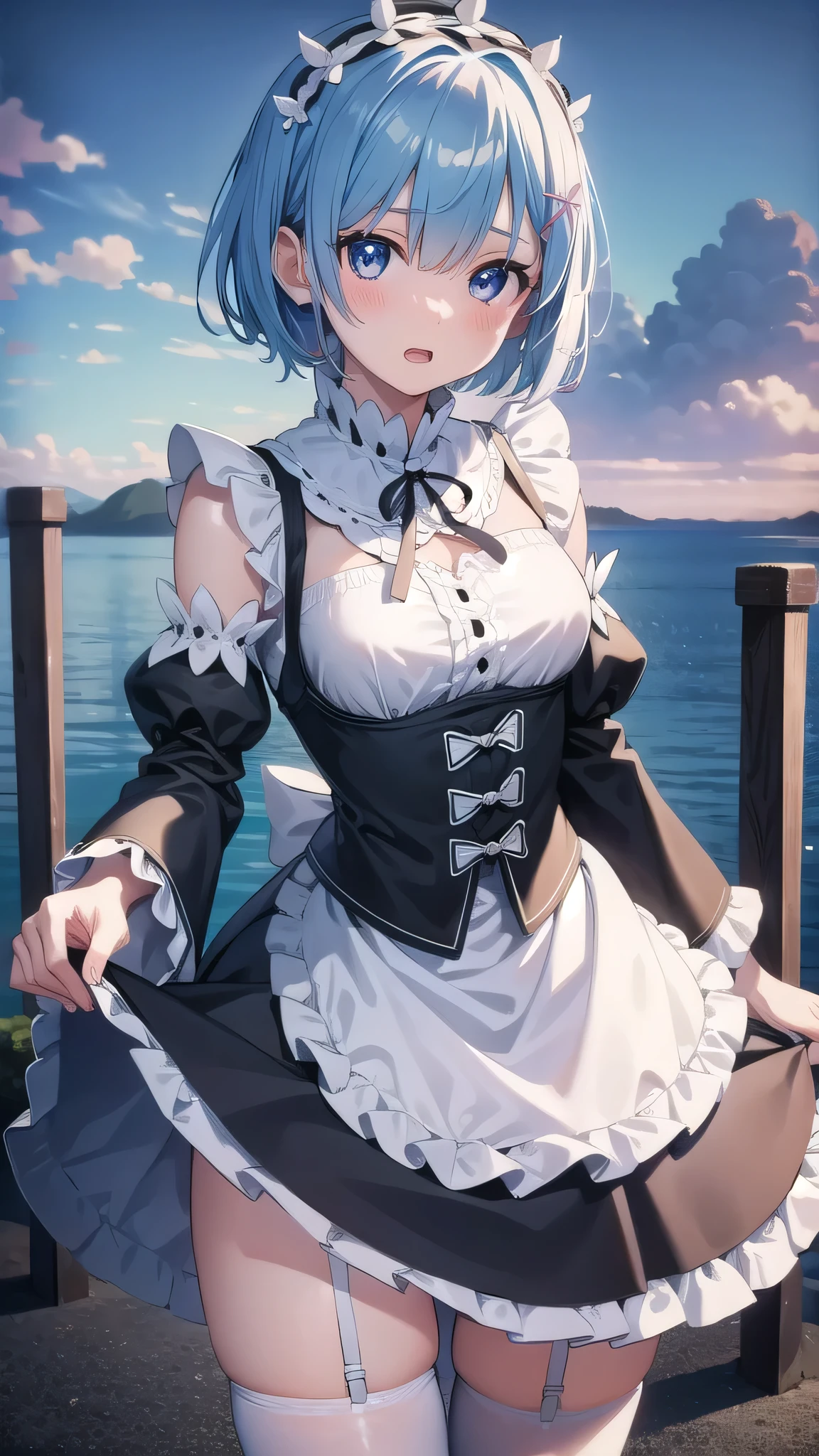 BREAK looking at viewer,BREAK (masterpiece:1.2), best quality, high resolution, unity 8k wallpaper, (illustration:0.8), (beautiful detailed eyes:1.6), extremely detailed face, perfect lighting, extremely detailed CG, (perfect hands, perfect ???????),castle,tower,clouds,wet road,night,mist,rem, blue eyes, blue hair, hair ornament, hair over one eye, hair ribbon, short hair, x hair ornament
apron, black ribbon, black skirt, black sleeves, detached collar, detached sleeves, flower, frilled apron, frilled skirt, frills, head wreath, long sleeves, maid, miniskirt, neck ribbon, purple ribbon, ribbon, ribbon trim, ribbon-trimmed sleeves, roswaal mansion maid uniform, short hair, skirt, thighhighs, waist apron, white apron, white thighhighs,blue hair,upskirt,showing panties,lace panties,shy face,open mouth.