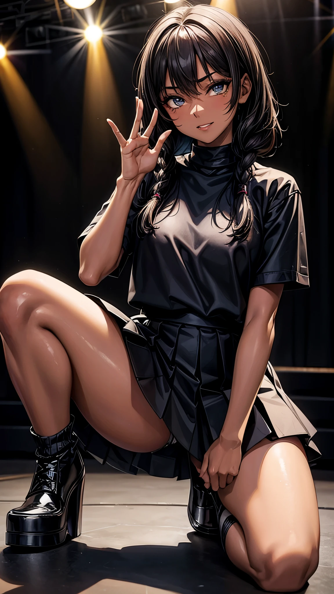 beautiful detailed eyes, beautiful detailed lips, extremely detailed eyes and face, longeyelashes,Inside the dance stage,inside the spotlight,One ************ girl,sweat,((dark skin color)),short black hair,displeased,sulky,seductive smile,high-neck-tops,tight-mini-skirt,((loose socks)),((loose socks)),(high-heel-boots),dancing,spread legs,hands up,best quality, 4k, 8k, highres, masterpiece:1.2, ultra-detailed, realistic, photorealistic, photo-realistic:1.37, HDR, UHD, studio lighting, ultra-fine painting, sharp focus, physically-based rendering, extreme detail description, professional, vivid colors, bokeh, portraits