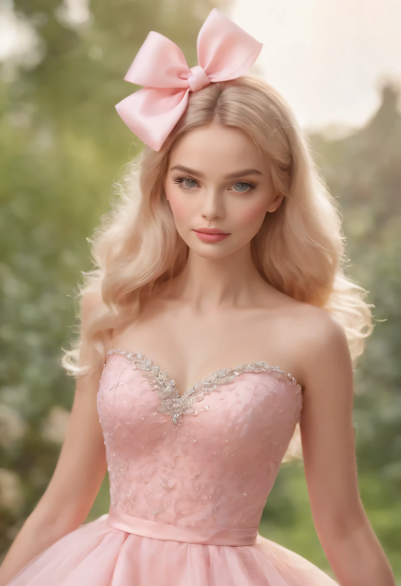 Cinematic scene,, Margot Robbie as Barbie,(photorealistic:1.4),shallow focus,establishing wide shot,1 girl, solo, cute face, (blush,shy:1.3),long eyelashes, (light yellow long soft waves hair:1.2), (huge-pink-bow headdress:1.3), cartoon_portrait, BEAK (The Mesh Overlay Dress: Wearing a dress with a delicate mesh overlay, adding an element of allure to her ensemble:1.2), playful dynamic pose, BEAK, (style of Barbie pink), (photorealistic:1.6),(best quality, masterpiece, intricate detail), highly detailed, depth of field, nature lights, upper body,very detailed face, long eyelashes, big breast, lipgloss,diamond collar, diamond earrings 