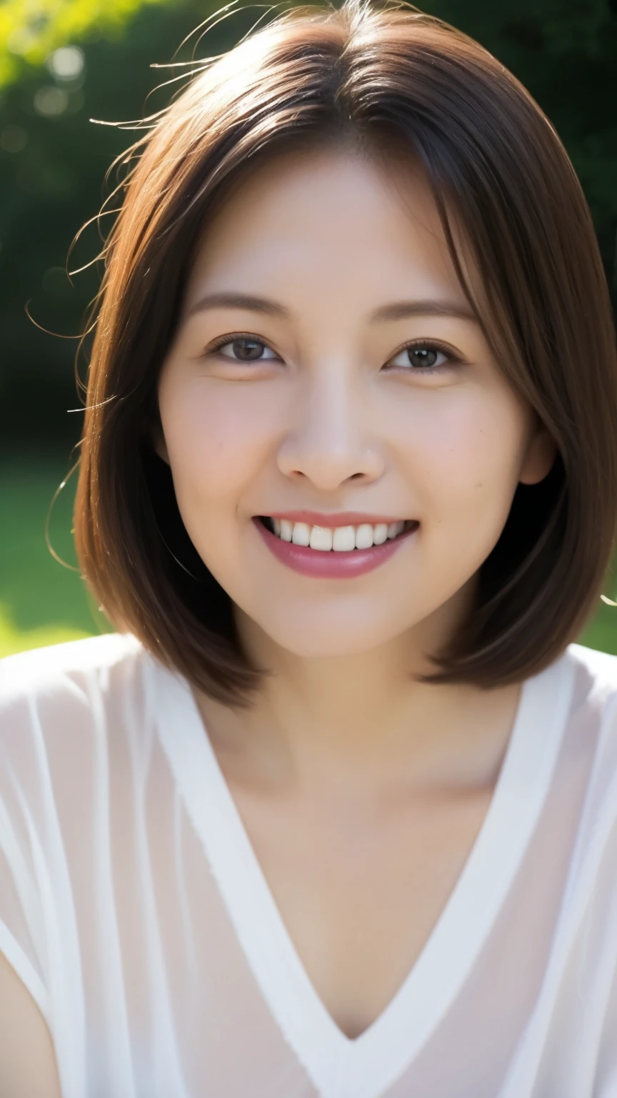 Standing in the park, Wrinkles around the eyes, Smiling with teeth showing, Plain short-sleeved clothing, senior citizen, Draw lips correctly, Red lipstick, No discomfort, 16K, Highest quality, Very detailed, Realistic, Very detailed肌, (Japanese), (alone), 100 years old, Large Breasts, , Glamour, sexy, Chromo White Skin, Staring straight ahead,