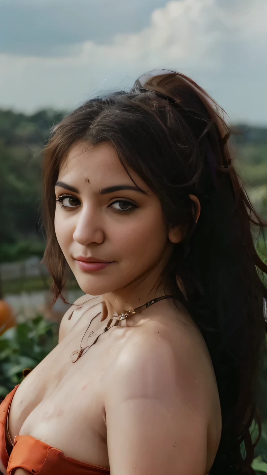 night scene, extreme close up photo of sexy naked indian with big pumpkins from top view, big cheeks, curvy, hourglass figure, swooping breasts, deep cleavage, open arms, sexy armpits, seducing on big pumpkins in a farm, ponytail, necklace, red saree, seductive eyes, look at viewer and subtle smile, sultry, (cinematic:1.3), intricate details, (ArtStation:1.2)