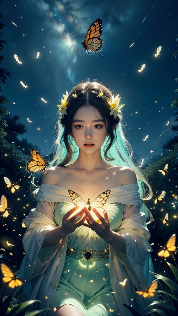 Goddess, surrounded by glowing butterflies and fireflies, magical land, (High res, masterpiece, best quality),