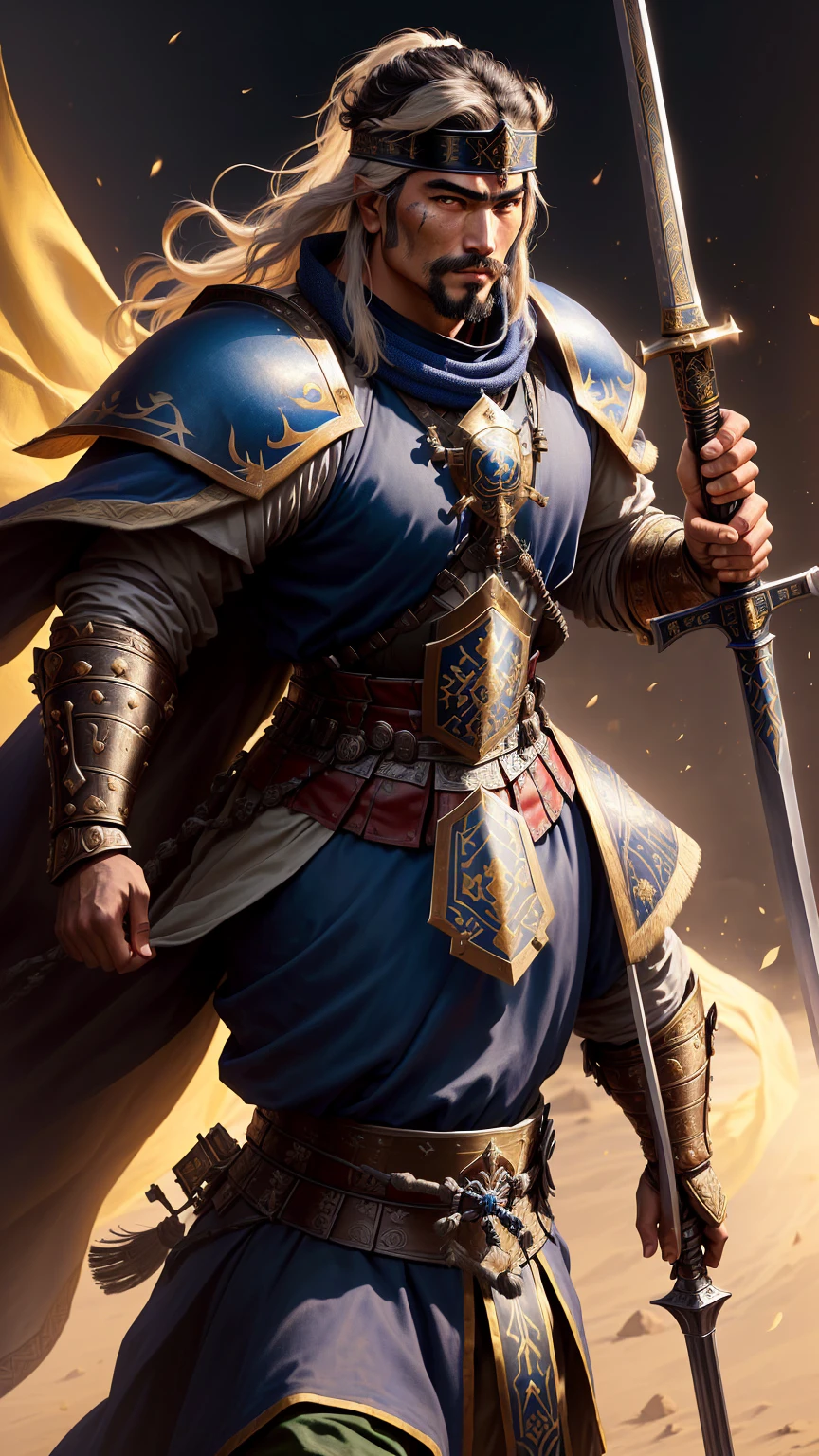 a picture of a man in a medieval outfit holding a sword, persian warrior, warhammer 40000 in islam, kurdish samurai, ottoman sultanate space marines, genghis khan, picture of an adult male warrior, great king of stovokor, afghan warrior, photo of genghis khan, mongol, arabian samurai, ottoman empire era, ancient warrior. hyperrealistic, cinematic, 8k