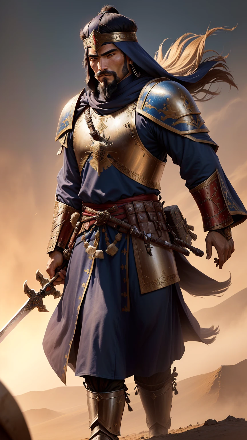 a picture of a man in a medieval outfit holding a sword, persian warrior, warhammer 40000 in islam, kurdish samurai, ottoman sultanate space marines, genghis khan, picture of an adult male warrior, great king of stovokor, afghan warrior, photo of genghis khan, mongol, arabian samurai, ottoman empire era, ancient warrior. hyperrealistic, cinematic, 8k