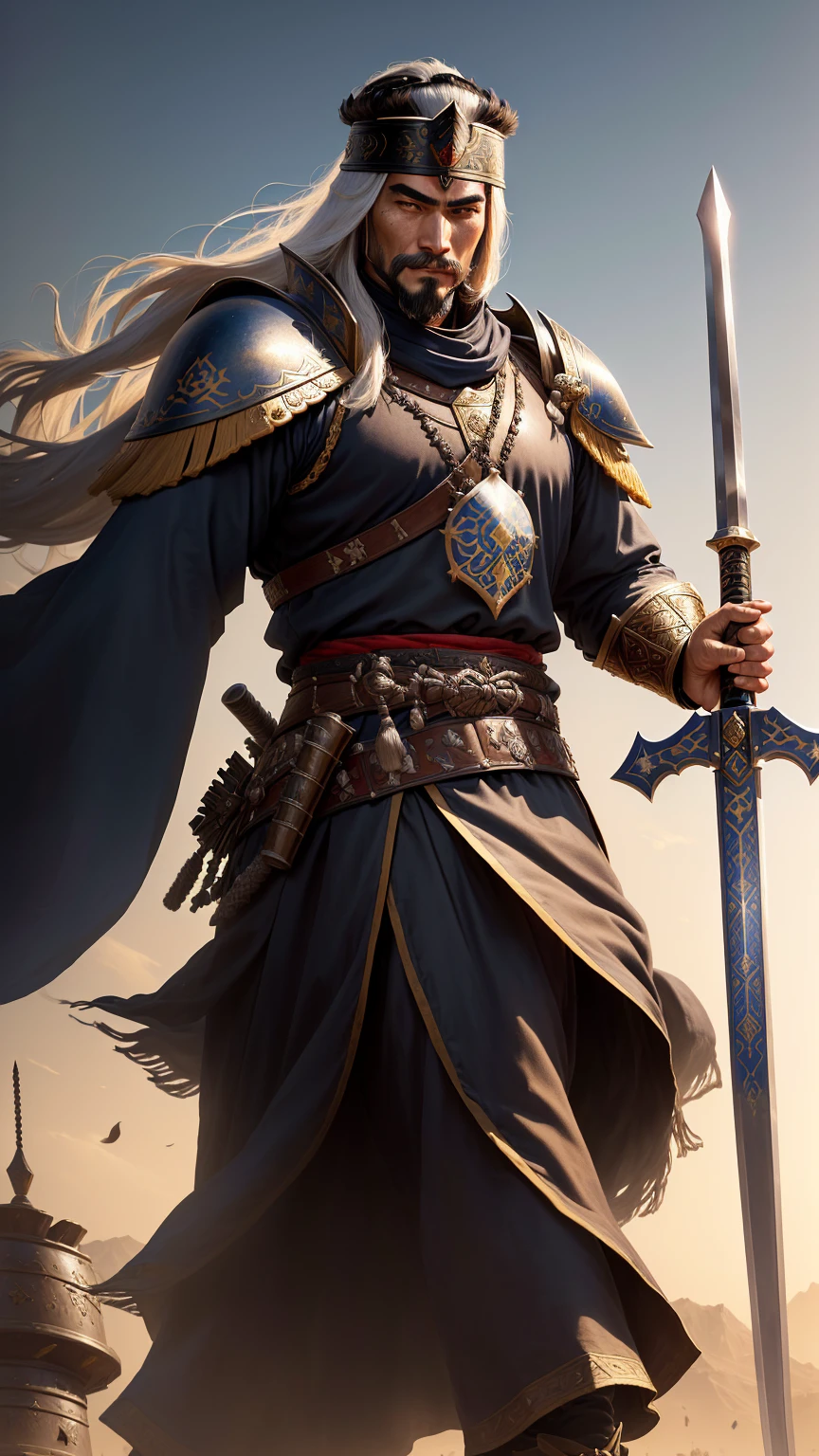 a picture of a man in a medieval outfit holding a sword, persian warrior, warhammer 40000 in islam, kurdish samurai, ottoman sultanate space marines, genghis khan, picture of an adult male warrior, great king of stovokor, afghan warrior, photo of genghis khan, mongol, arabian samurai, ottoman empire era, ancient warrior. hyperrealistic, cinematic, 8k