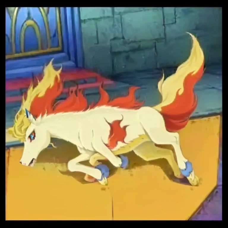 a close up of a cartoon horse running on a floor, ninetales, melting into vulpix, charizard dog hybrid animal, the fox-like evolution pokemon, nine tails, fire type, amaterasu, melting into jolteon, pokemon anime style, fire red, mystery pokemon, style of pokemon, koda kazuma, anime screenshot, okami