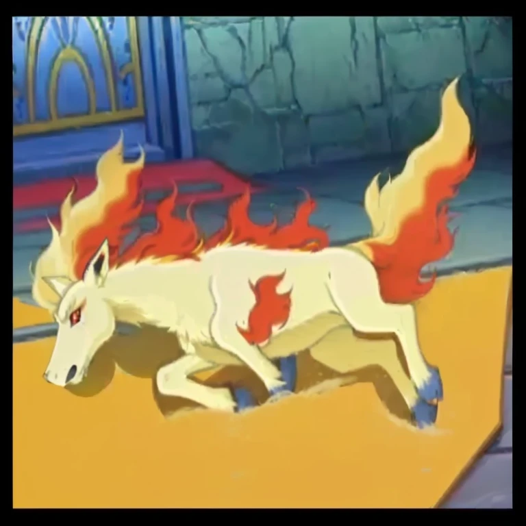 a close up of a cartoon horse running on a floor, ninetales, melting into vulpix, charizard dog hybrid animal, the fox-like evolution pokemon, nine tails, fire type, amaterasu, melting into jolteon, pokemon anime style, fire red, mystery pokemon, style of pokemon, koda kazuma, anime screenshot, okami