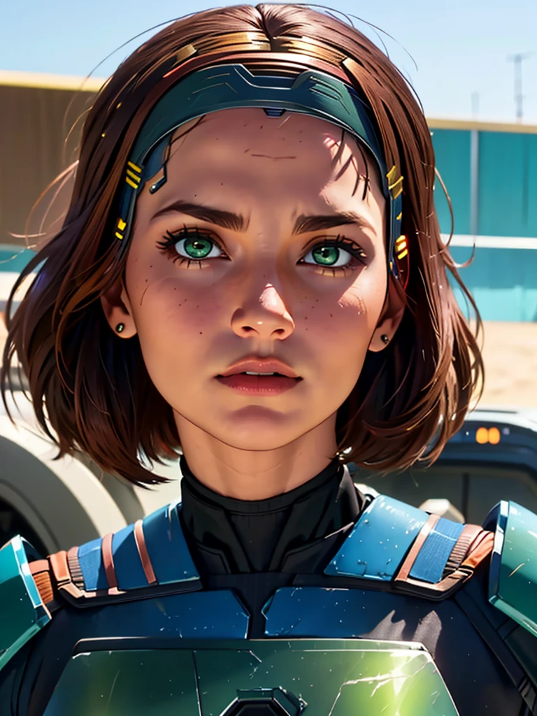 1girl,solo, short brown hair, hairband, bokatan, green eyes, mandalorian armor, cowboy shot, serious face, looking at viewer, photorealistic, realistic 