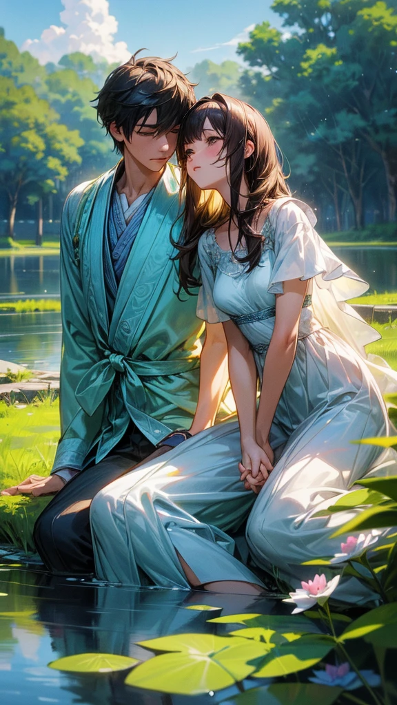 1girl,1boy,young couple,sitting by a small pond,surrounded by lush greenery,wildflowers,bright blue sky,fluffy white clouds,flock of birds flying,The sky dominates the upper part of the image, with the clouds creating a dynamic and expansive backdrop,raindrops falling gently,intimate and connected gazes,short dark hair male,holding hands,serene outdoor scene,vibrant and detailed anime-style illustration,romantic atmosphere,(best quality,4k,8k,highres,masterpiece:1.2),ultra-detailed,(realistic,photorealistic,photo-realistic:1.37),vivid colors,soft lighting,studio lighting