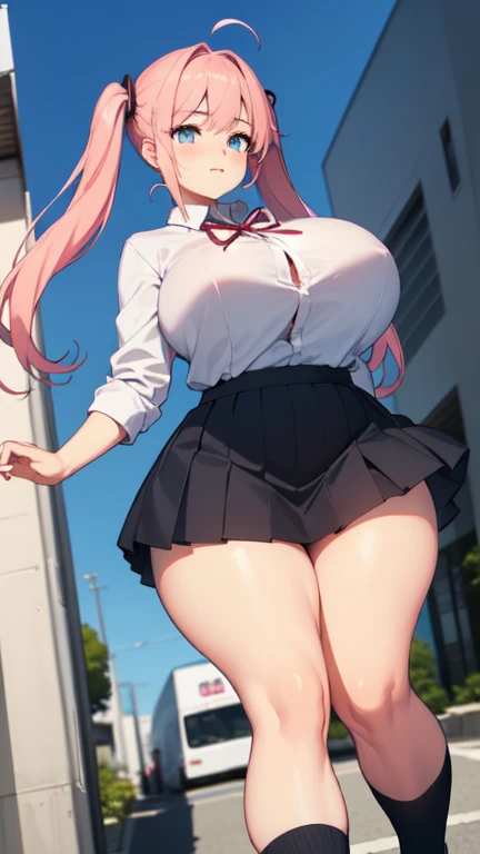 ((Highest quality)), ((masterpiece)), (detailed), 
((huge breasts))
((Very thick thighs))
((Very fleshy young woman))
(Tall)
(Pink twintails hair)
Blue eyes
Standing
(((Shoot from front)))
(((photograph the whole body)))
(Japanese school uniform)
(white (business) shirt)
(Black mini(school)skirt)
Japanese 
Tokyo city