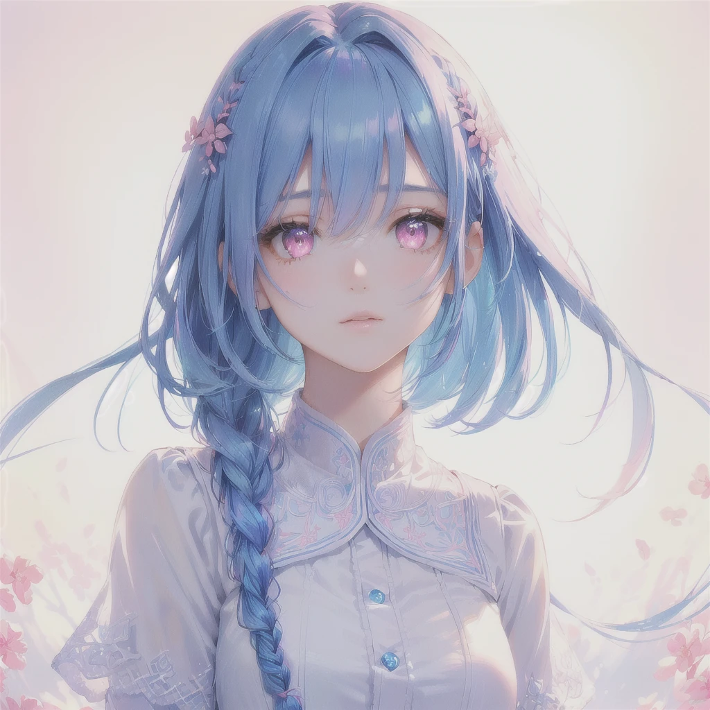 Sky Blue Medium Hair, (Braided Hair),(Pink Eyes),Fair skin ,(whole body),(1 girl)、Straight bangs,(masterpiece, Highest quality, Very detailed, Best Shadow), (Detailed Background), (Beautifully detailed face), High Contrast, (Best lighting, Very delicate and beautiful), ((Cinematic Light)), colorful, Hyper Detail, Dramatic Light, Intricate details,