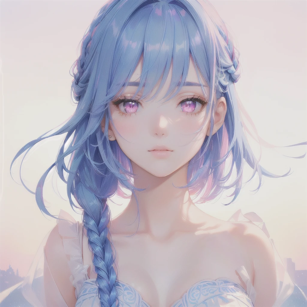 Sky Blue Medium Hair, (Braided Hair),(Pink Eyes),Fair skin ,(whole body),(1 girl)、Straight bangs,(masterpiece, Highest quality, Very detailed, Best Shadow), (Detailed Background), (Beautifully detailed face), High Contrast, (Best lighting, Very delicate and beautiful), ((Cinematic Light)), colorful, Hyper Detail, Dramatic Light, Intricate details,