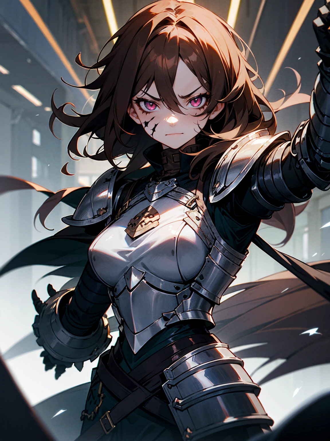1female, brown hair, messy hair, stitches on arm, stitches on face, black sclera, black gauntlets, armor, evil expression, armored hall