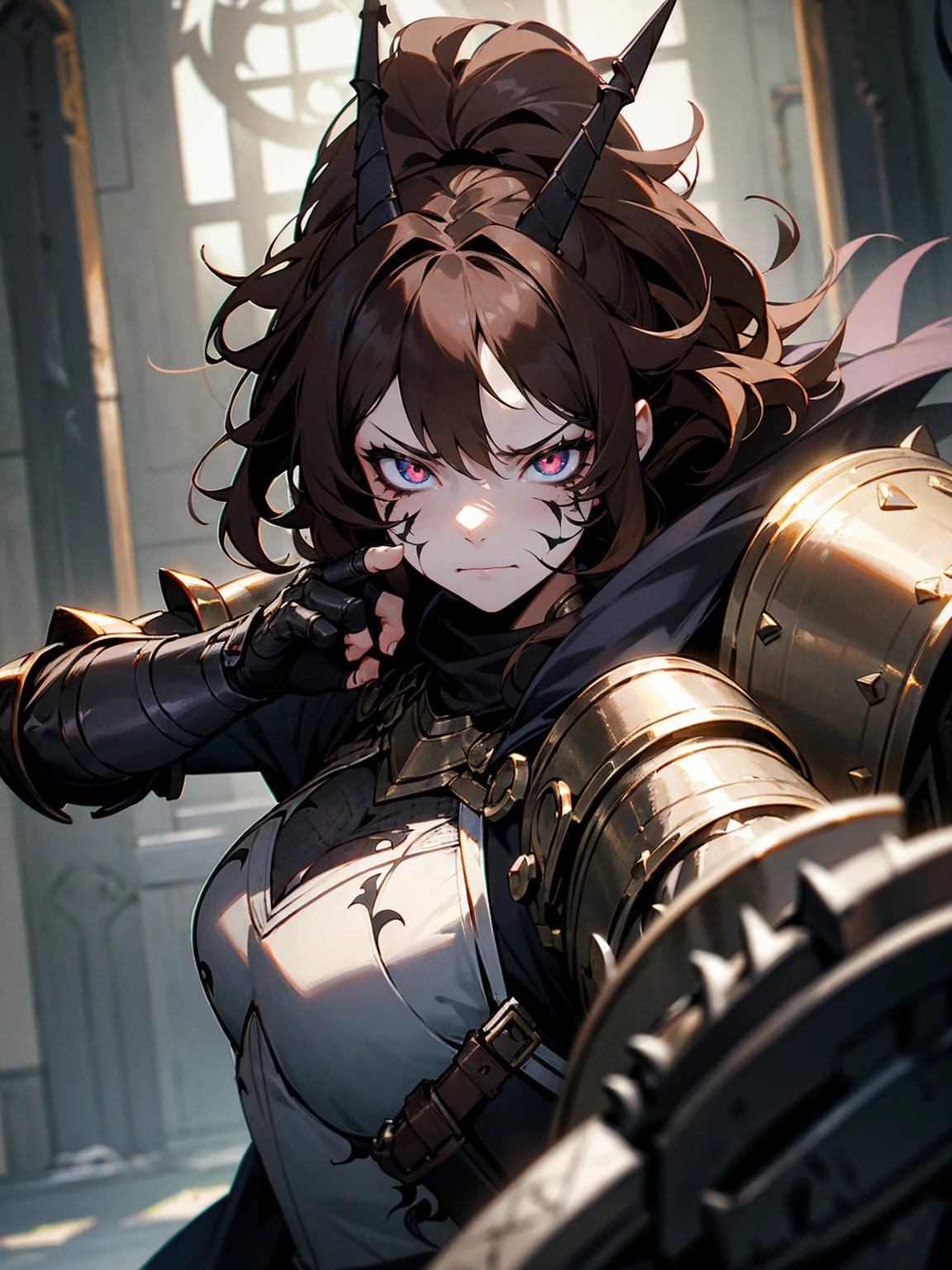 1female, brown hair, messy hair, stitches on arm, stitches on face, black sclera, black gauntlets, armor, evil expression, armored hall