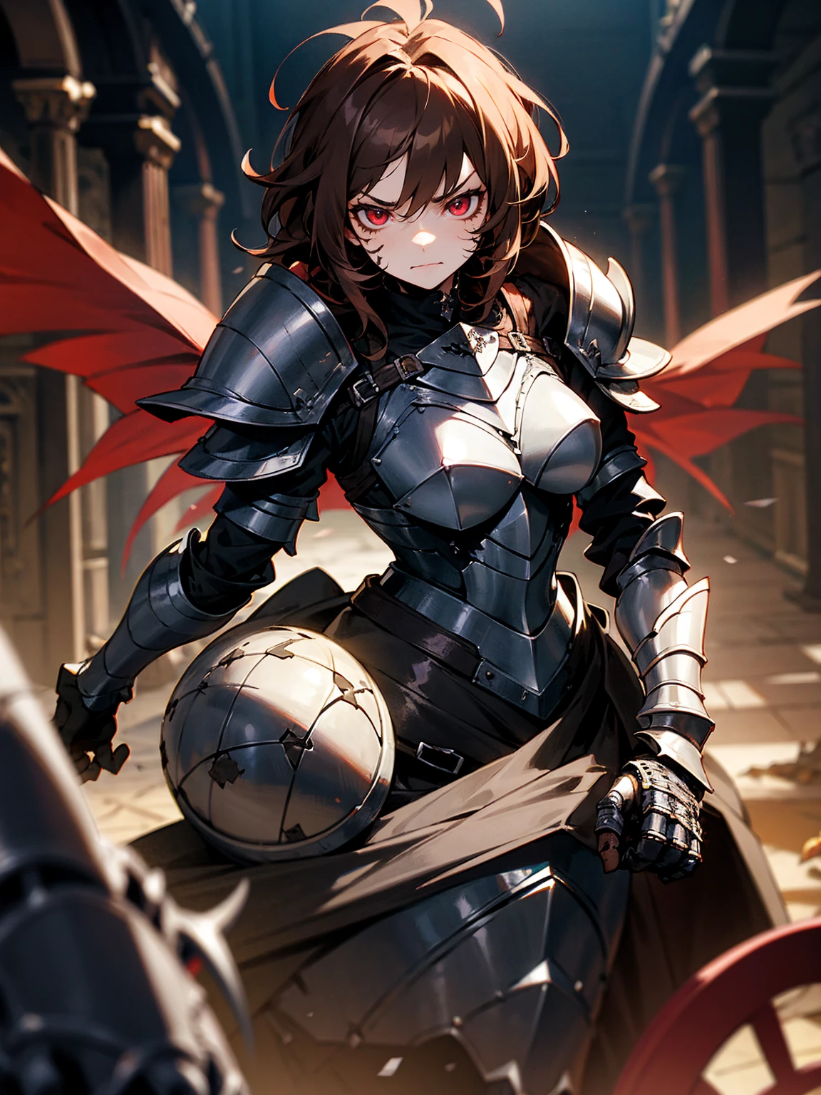 1female, brown hair, messy hair, stitches on arm, stitches on face, black sclera, black gauntlets, armor, evil expression, armored hall